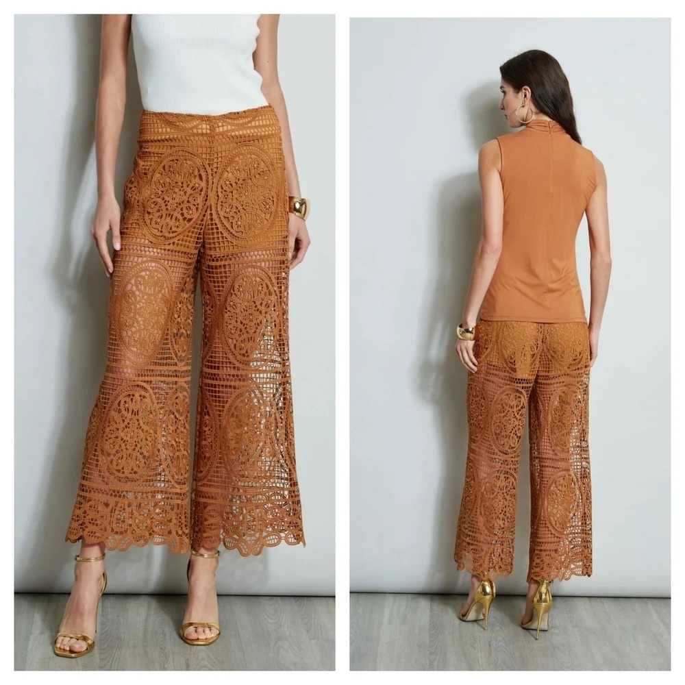 Elie Tahari Lace Wide-Leg Palazzo Pants Butterscotch Size 14 NWOT